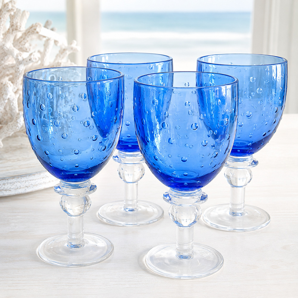 Zrike Pavilion Blue Clear Goblets Set of 4 Bubble Glass Coastal Chic Beach House